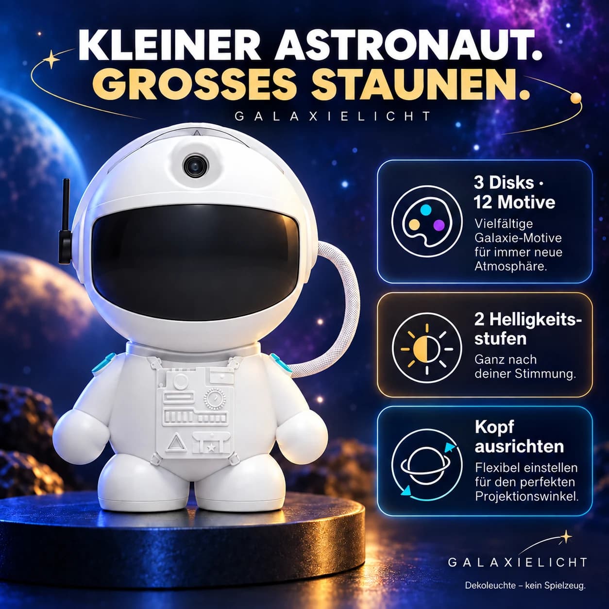 Astronaut: 3 Disks, 12 Motive und ein verstellbarer Kopf