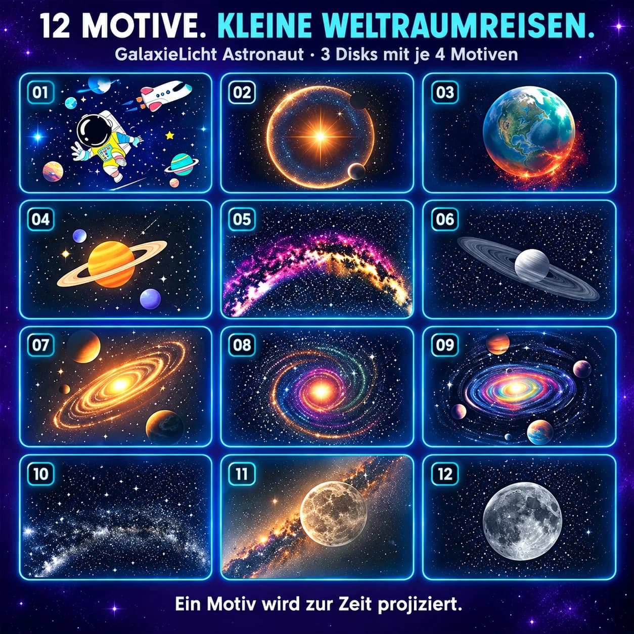 Astronaut: 3 Disks, 12 Motive und ein verstellbarer Kopf